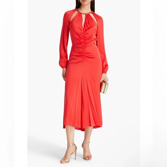 VERONICA BEARD Fay La Chain-detail Dress In Papaya Long Sleeve Size 4 NWOT - Picture 2 of 13